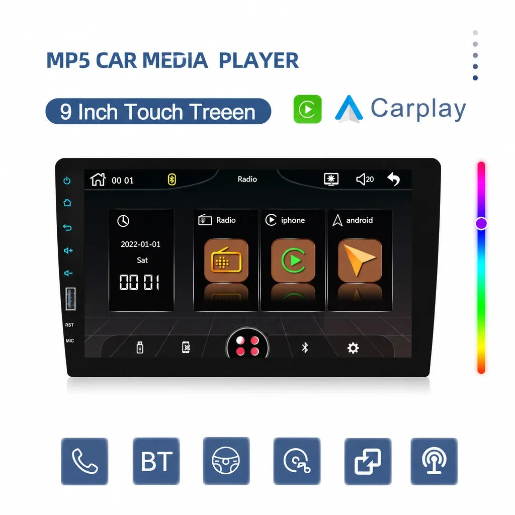 Vue de face de l’autoradio Podofo avec écran tactile 9 pouces et menu multimédia