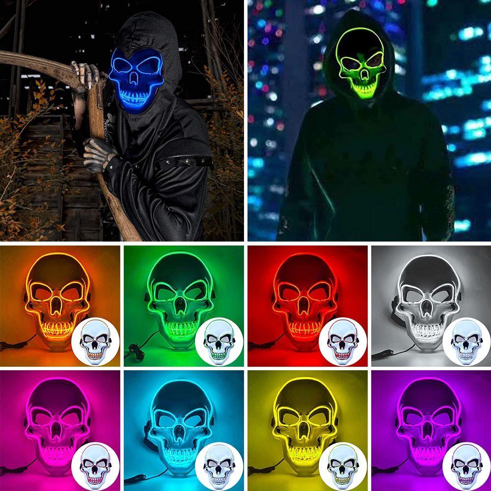 Masque de crâne d’horreur pour Halloween, masque à lumière froide à LED.7COULEURS