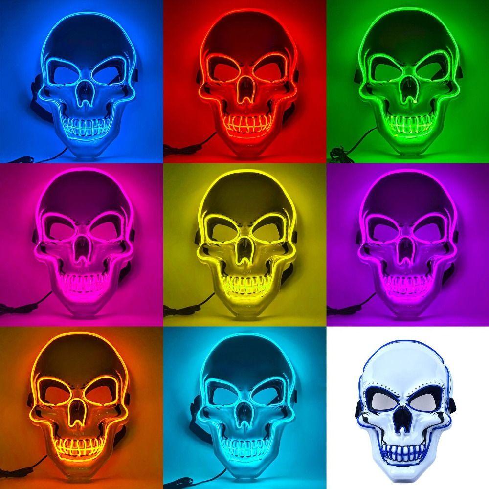 Masque de crâne d’horreur pour Halloween, masque à lumière froide à LED.7COULEURS